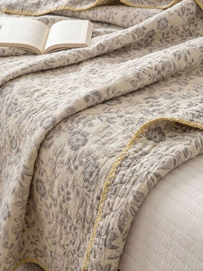 Vintage Floral Jacquard Quilted Throw Three‑Layer Gauze Cotton Blanket