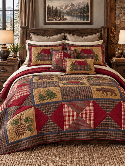 Rustic Bear Cabin Plaid Quilted 3-Piece Bedding Set