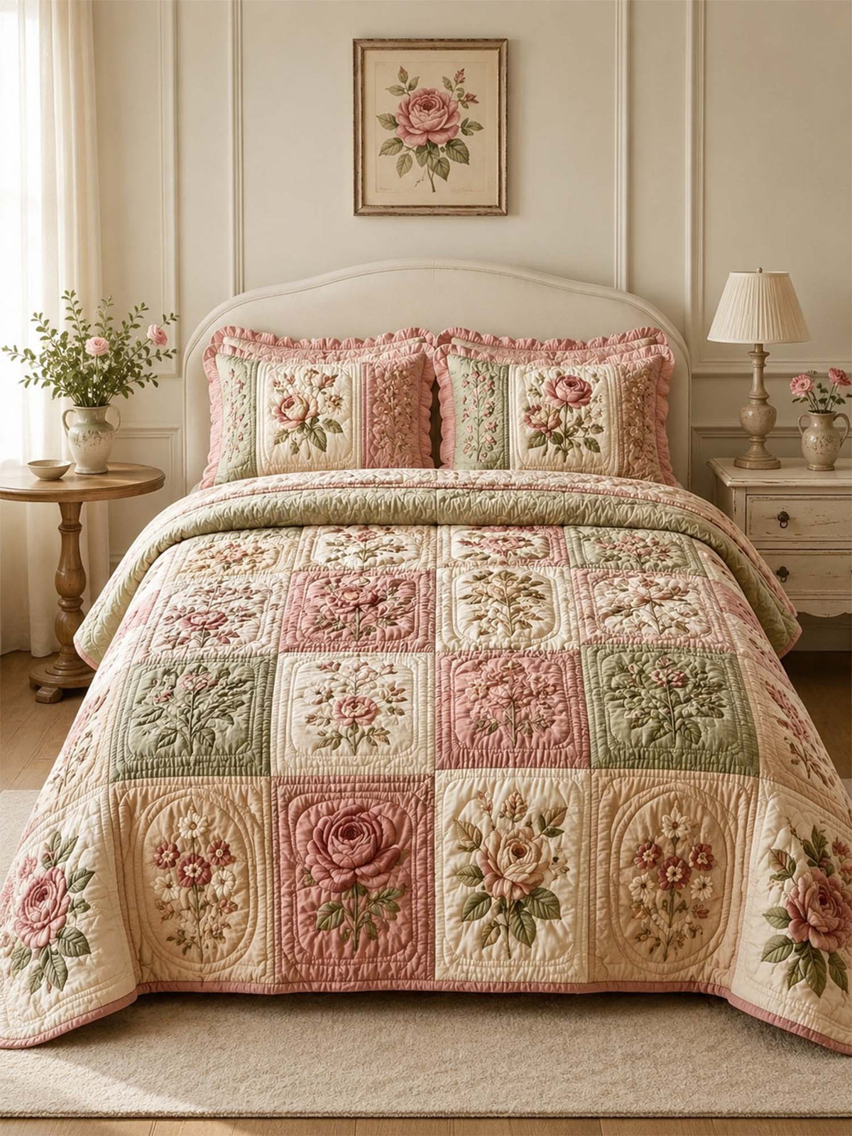 Vintage Rose Floral Quilted 3-Piece Bedding Set