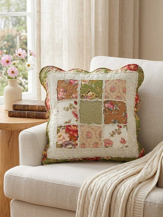 Vintage Green Floral Lace Patchwork Quilted Pillow Cover