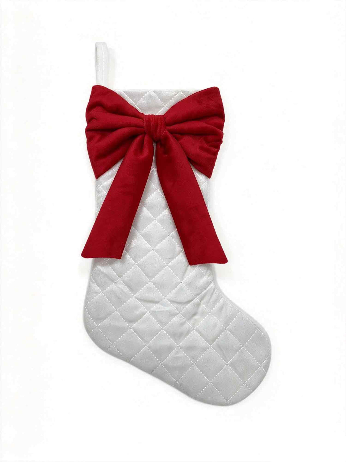 Quilted White Christmas Stocking with Red Velvet Bow