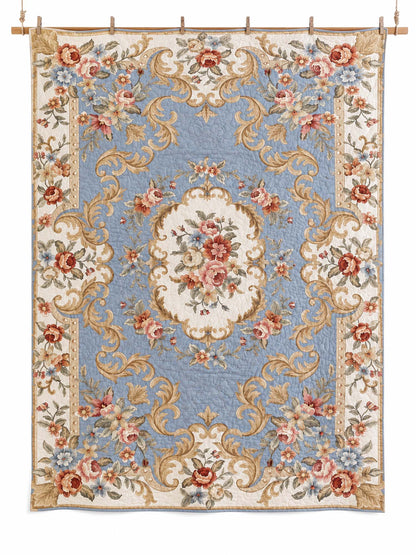 Vintage Blue Floral Baroque Quilted 3-Piece Bedding Set
