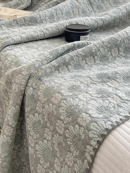 Vintage Sage Gray Damask Floral Jacquard Quilted Throw Three‑Layer Gauze Cotton Blanket