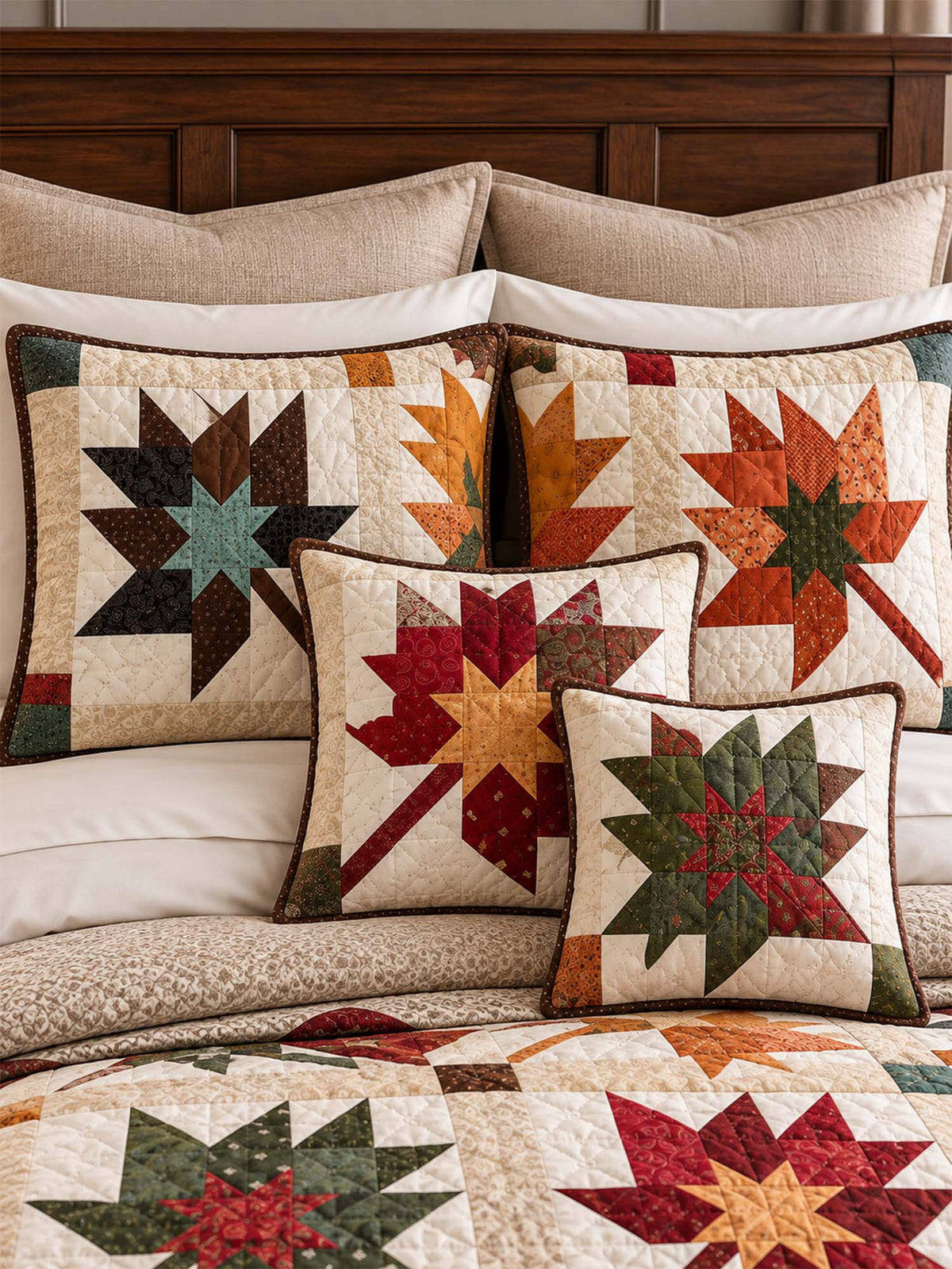 Vintage Leaf Geometric Patchwork Quilted 3-Piece Bedding Set