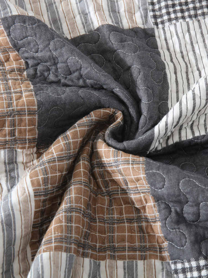 Grey Brown Plaid Patchwork Quilted 3‑Piece Bedding Set