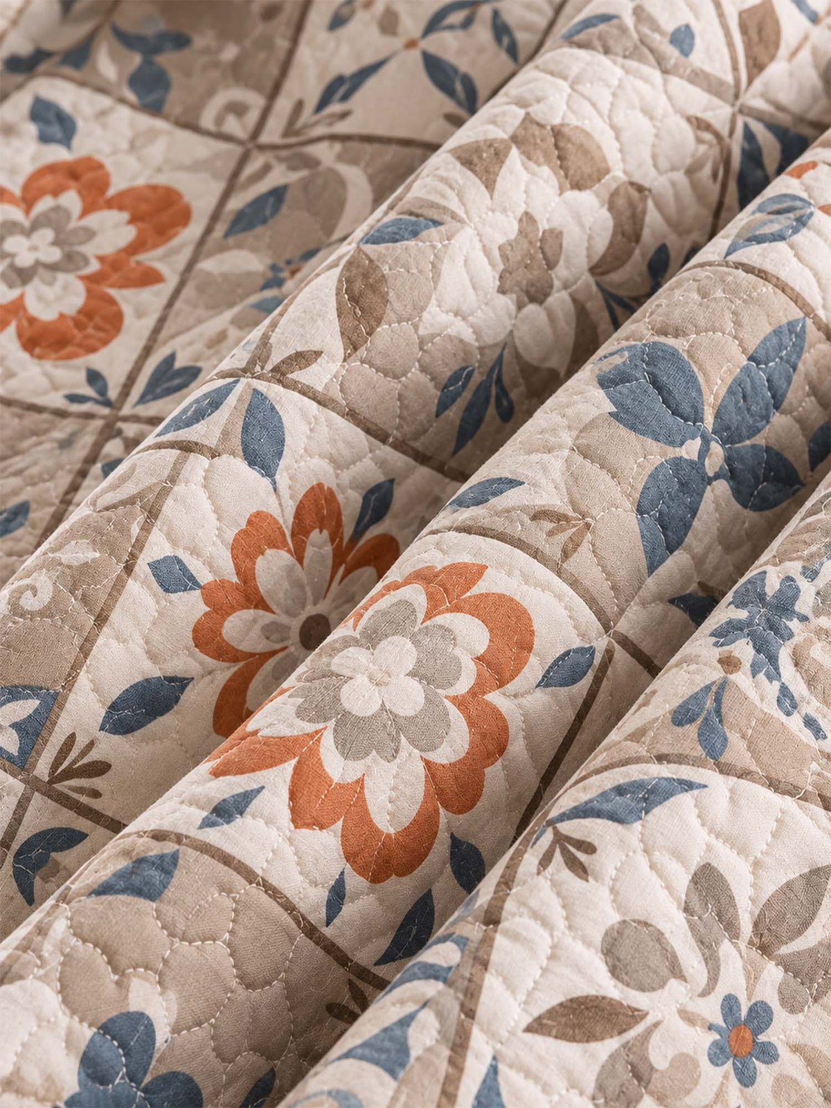 Terracotta Blue Mosaic Tile Patchwork Quilted 3-Piece Bedding Set