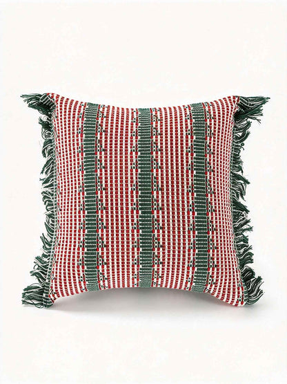 Red Green Striped Fringed Pillow Cover