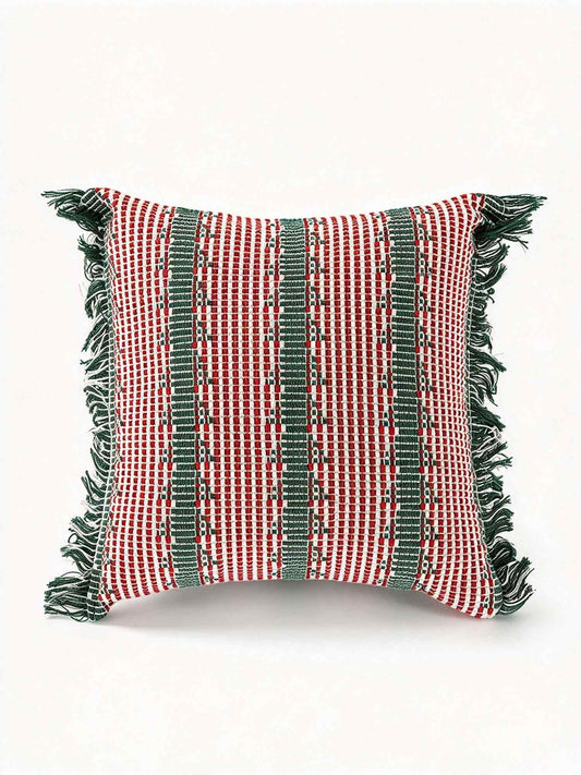 Red Green Striped Fringed Pillow Cover