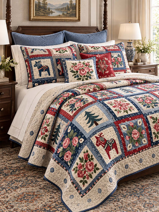 Swedish Dala Horse Floral Patchwork Quilted 3-Piece Bedding Set