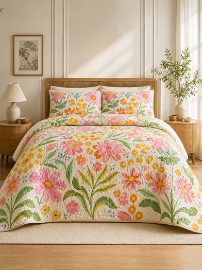 H.PAI Colorful Wildflower Meadow Quilted 3-Piece Bedding Set