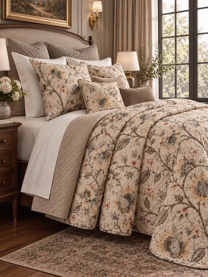 Vintage Botanical Floral Quilted 3-Piece Bedding Set