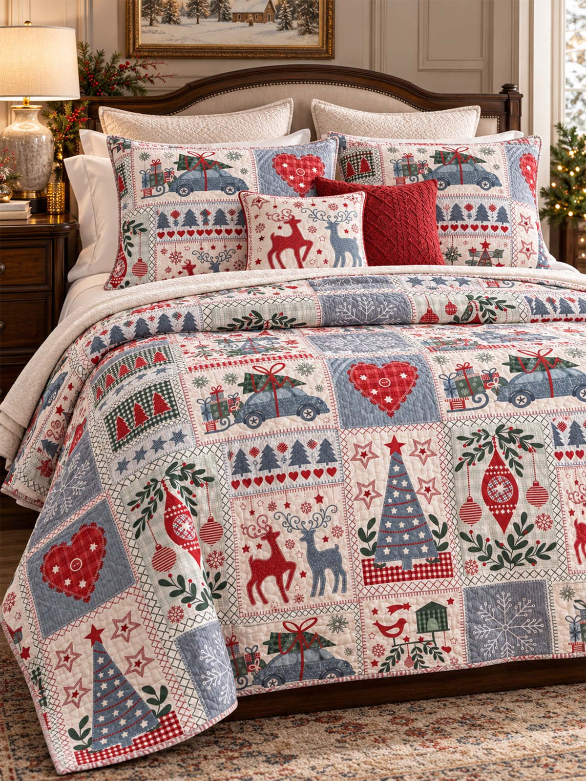 Nordic Christmas Reindeer & Gift Car Quilted 3-Piece Bedding Set