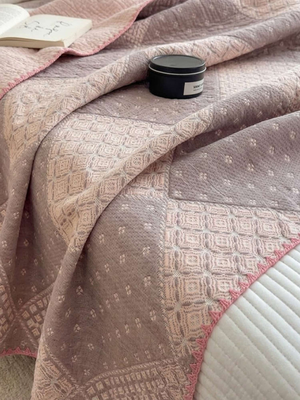 Vintage Pink Patchwork Jacquard Quilted Throw Three‑Layer Gauze Cotton Blanket