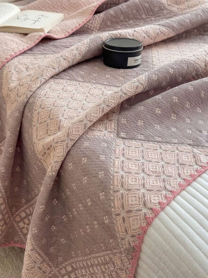 Vintage Pink Patchwork Jacquard Quilted Throw Three‑Layer Gauze Cotton Blanket