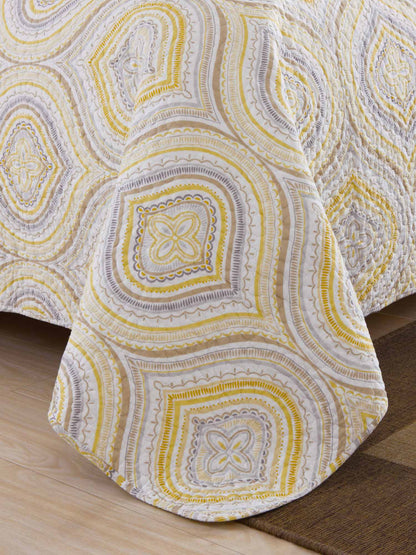 Yellow Grey Geometric Ogee Pattern Quilted 3‑Piece Bedding Set