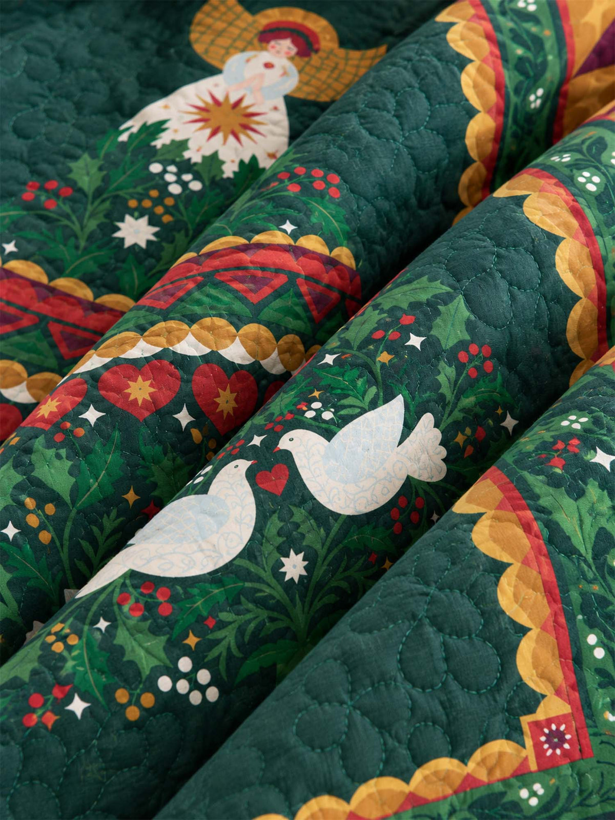 Folk Art Angel Christmas Tree Quilted 3-Piece Bedding Set