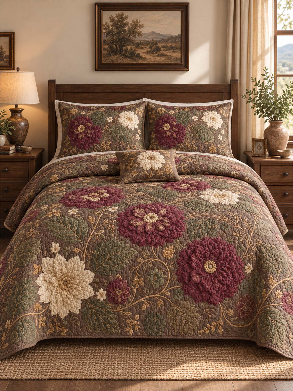 H.PAI Dark Botanical Floral Quilted 3-Piece Bedding Set
