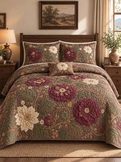 H.PAI Dark Botanical Floral Quilted 3-Piece Bedding Set