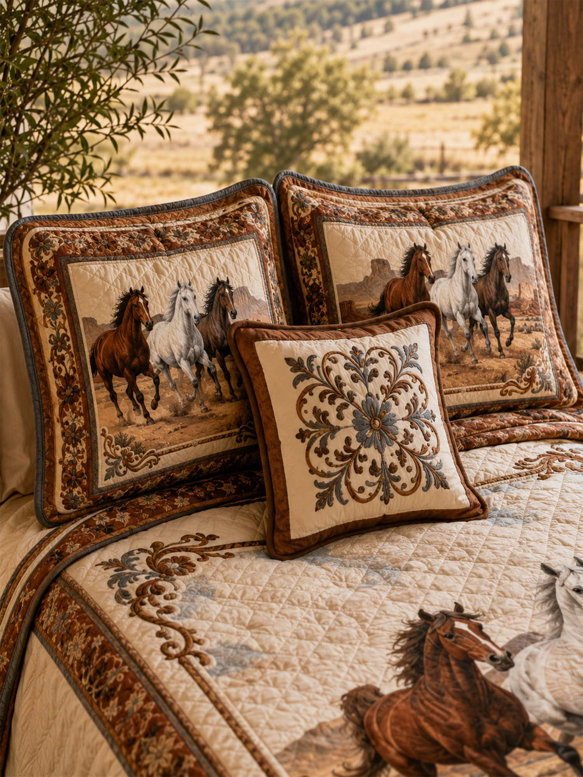 H.PAI Equestrian Horse Patchwork Quilted 3-Piece Bedding Set