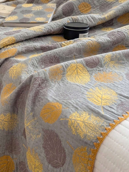 Vintage Golden Yellow Gray Autumn Leaf Jacquard Quilted Throw Three‑Layer Gauze Cotton Blanket