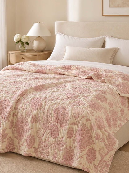 Vintage Pink Peony Floral 100% Cotton Gauze Soft Puff Blanket