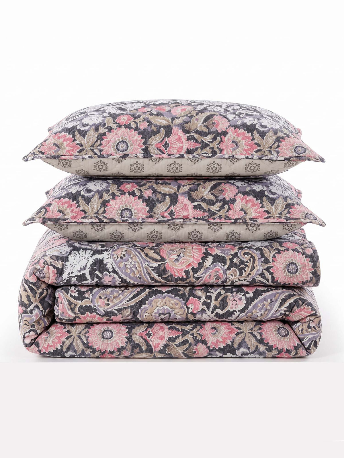 Vintage Charcoal Floral Garden 100% Cotton Quilted 3-Piece Bedding Set