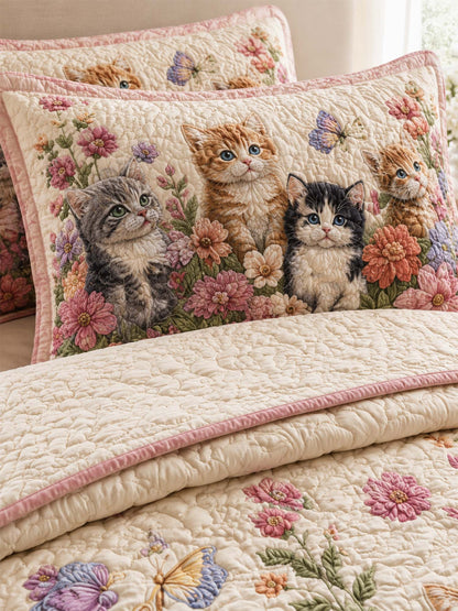 H.PAI Garden Cat Floral Quilted 3-Piece Bedding Set