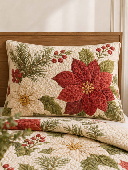 Poinsettia Botanical Christmas Quilted 3-Piece Bedding Set