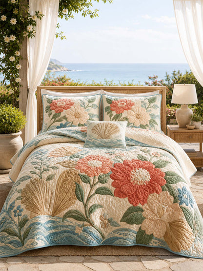 H.PAI Coastal Floral Quilted 3-Piece Bedding Set