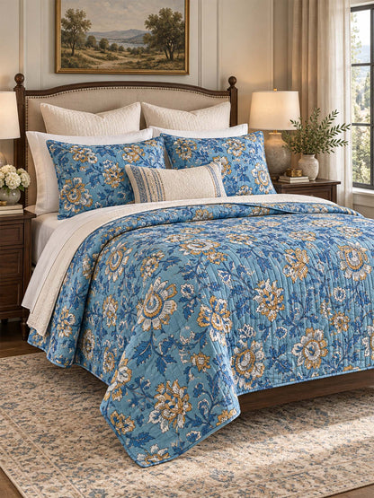 Blue Botanical Floral Quilted 3-Piece Bedding Set