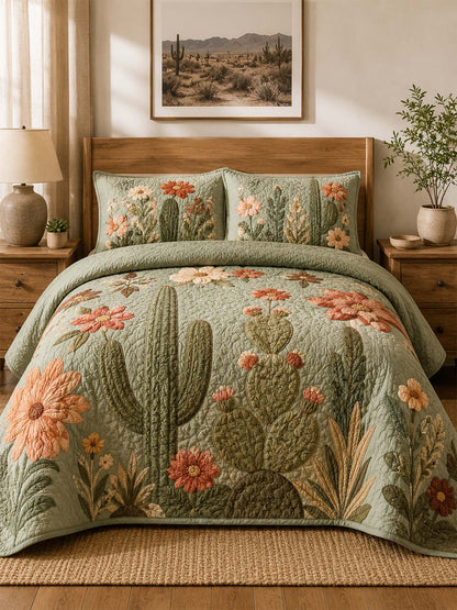 H.PAI Cactus Garden Floral Quilted 3-Piece Bedding Set
