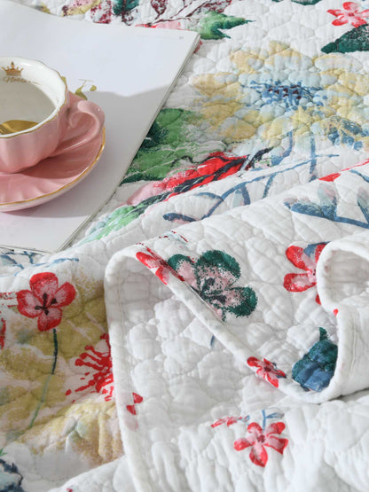 Vintage Bird Floral Garden Print Quilted 3‑Piece Bedding Set