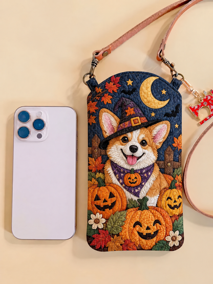 Smalle en gewatteerde telefoonhoes – Corgi met pompoenen voor Halloween