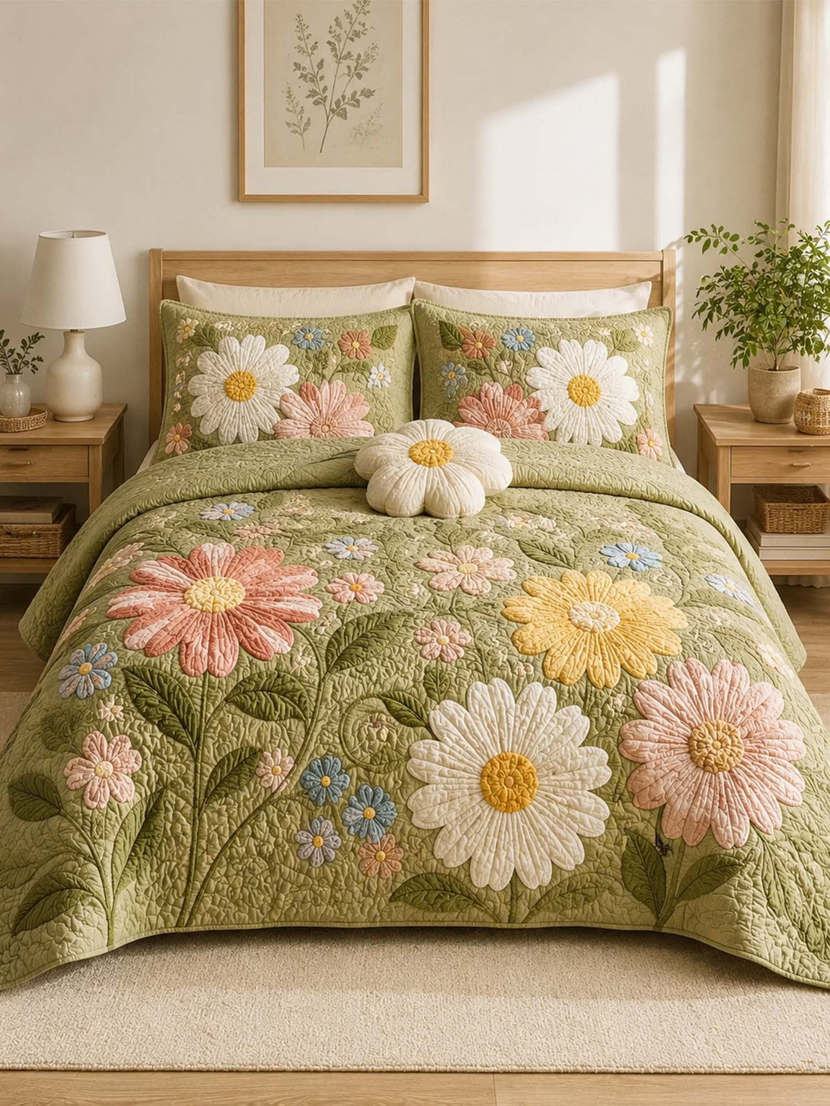 H.PAI Daisy Floral Quilted 3-Piece Bedding Set