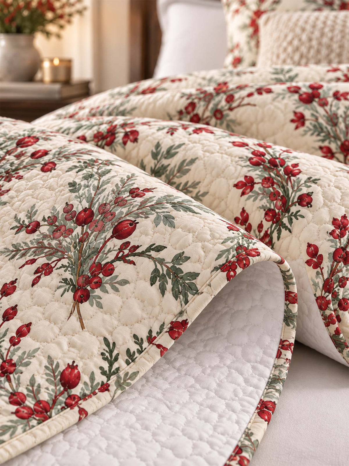 Christmas Berry Botanical Quilted 3-Piece Bedding Set