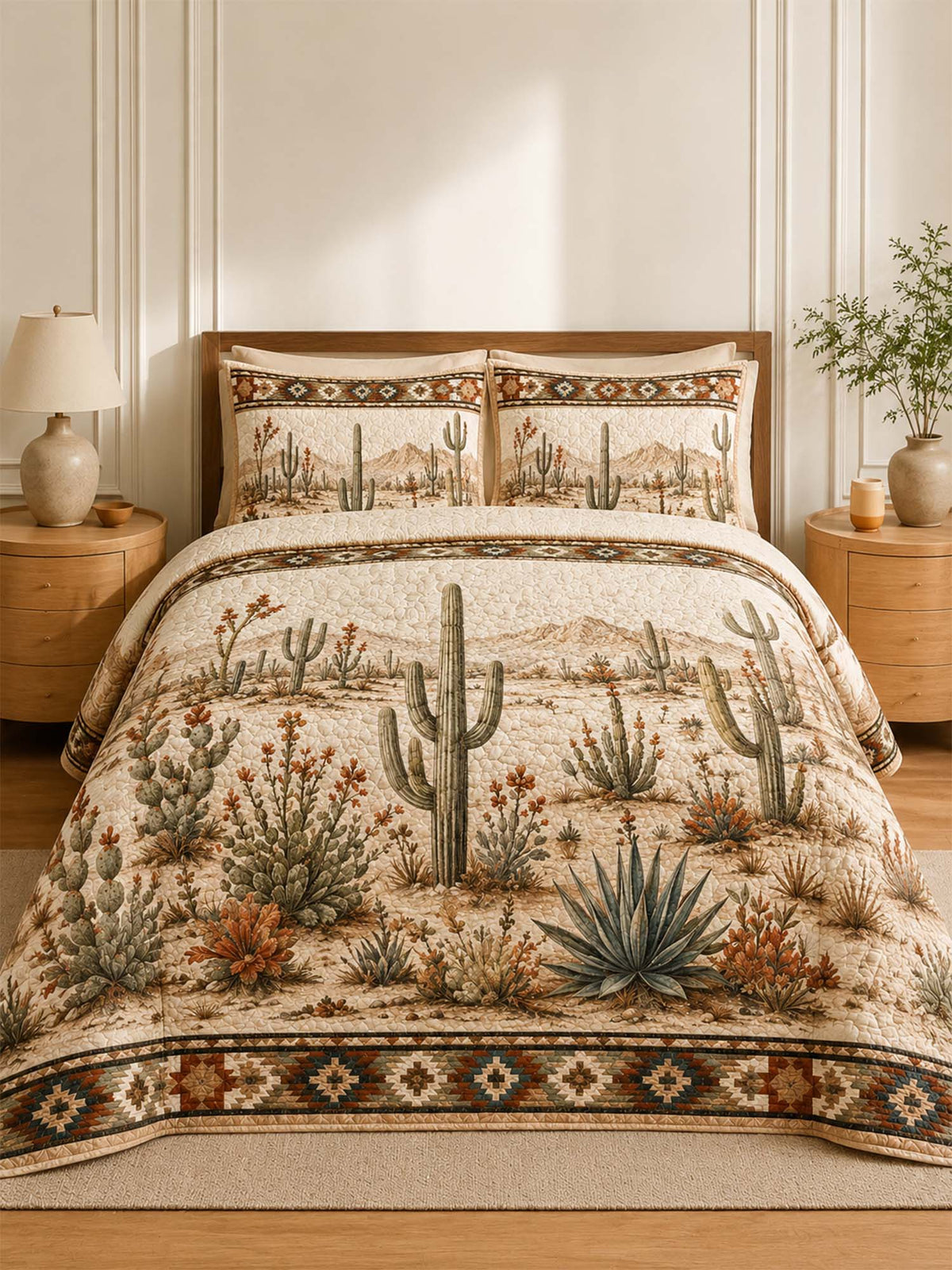 H.PAI Desert Cactus Quilted 3-Piece Bedding Set