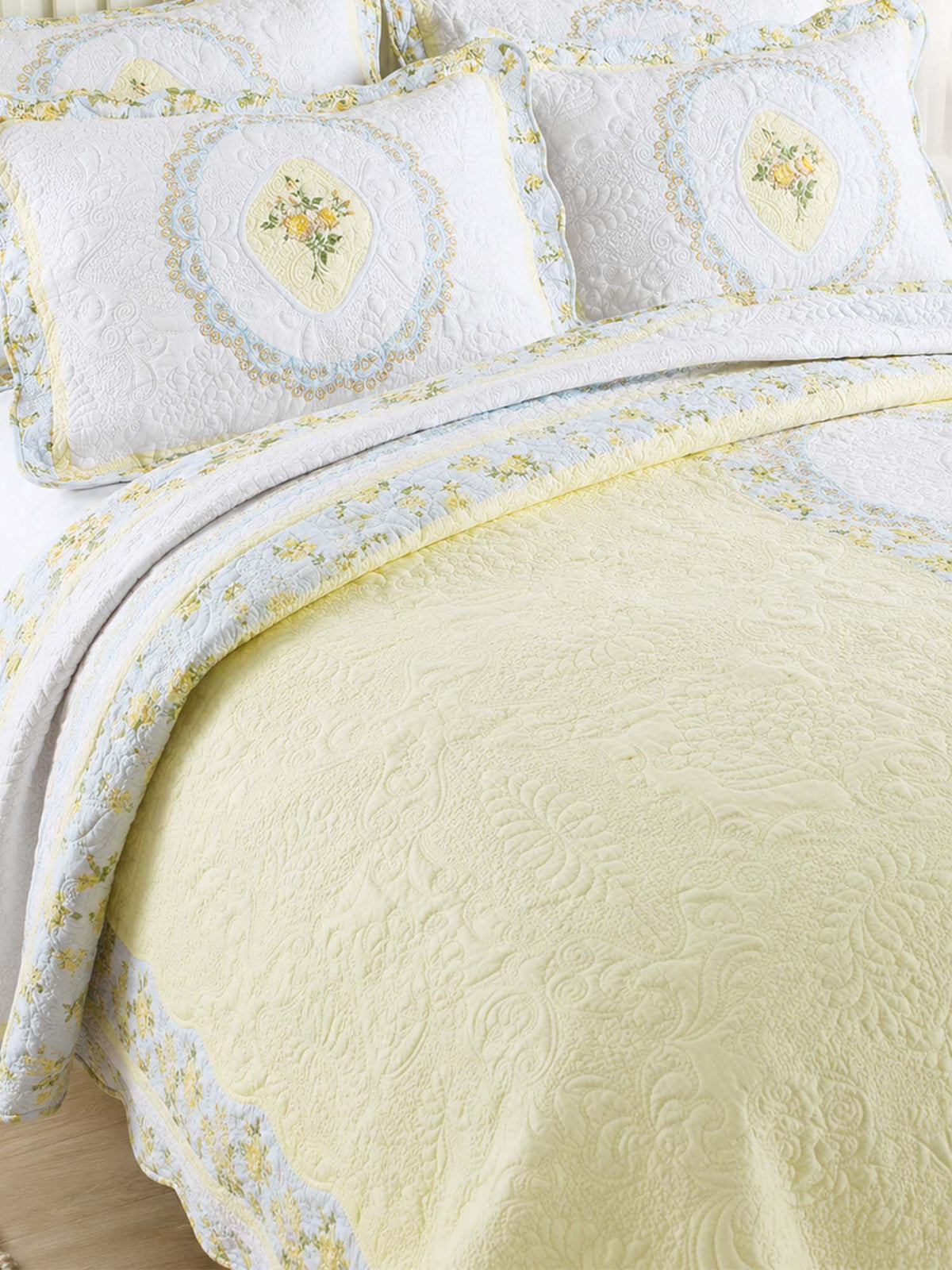 Golden Meadow Embroidered Floral Quilted 3-Piece Bedding Set
