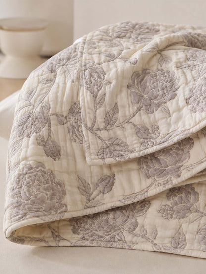 Vintage Grey Peony Floral 100% Cotton Gauze Soft Puff Blanket