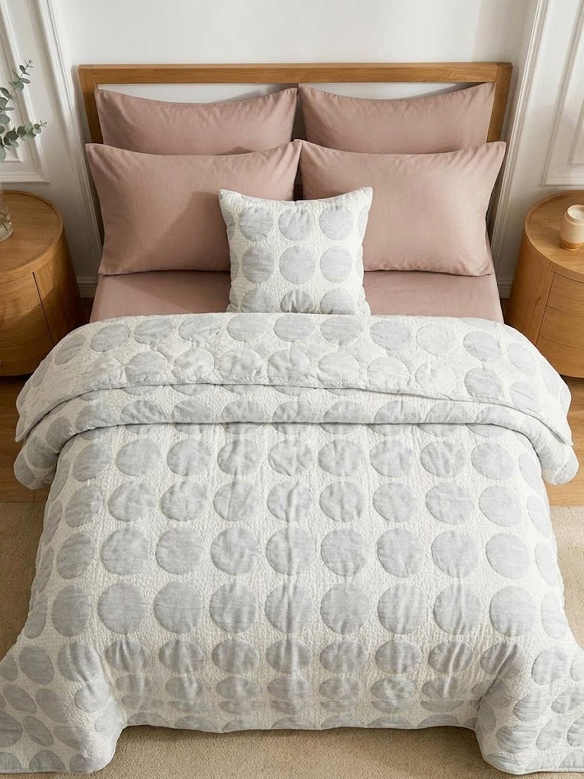 Dusty Blue Polka Dot Embossed Quilted Bedspread Cotton Puff Quilt Blanket