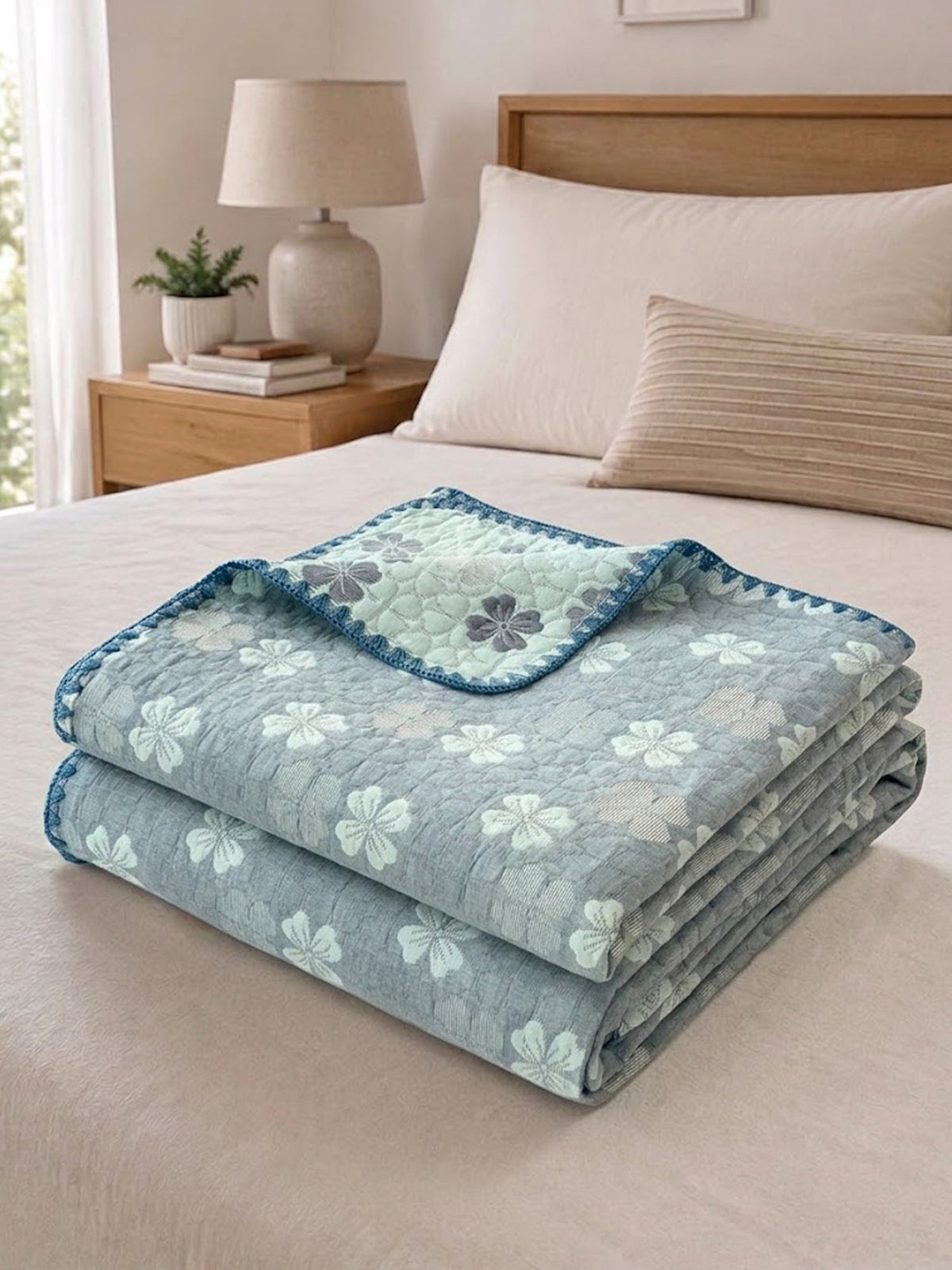 Vintage Blue Floral Jacquard Quilted Throw Three‑Layer Gauze Cotton Blanket