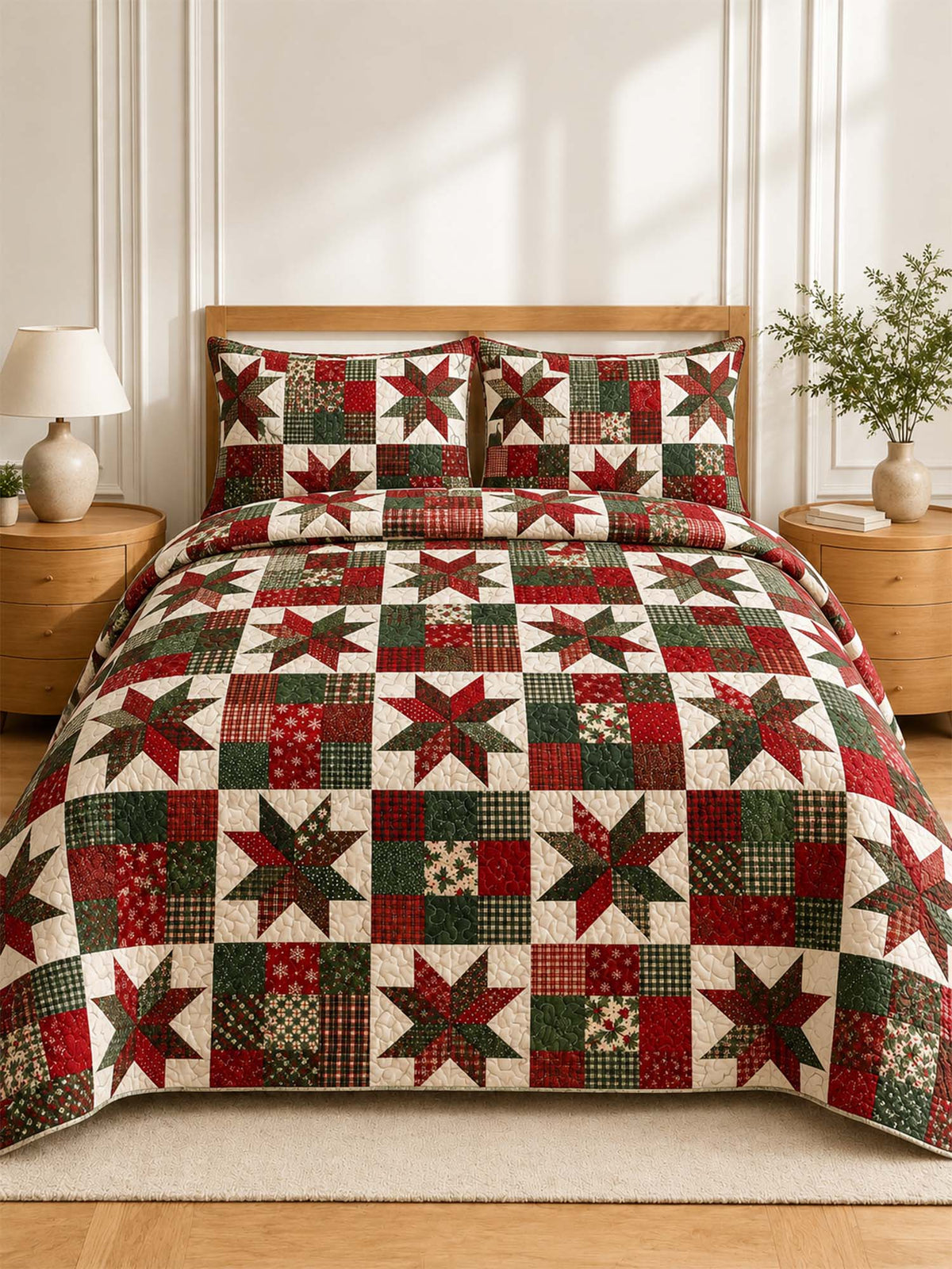 Christmas Star Patchwork Quilted 3-Piece Bedding Set