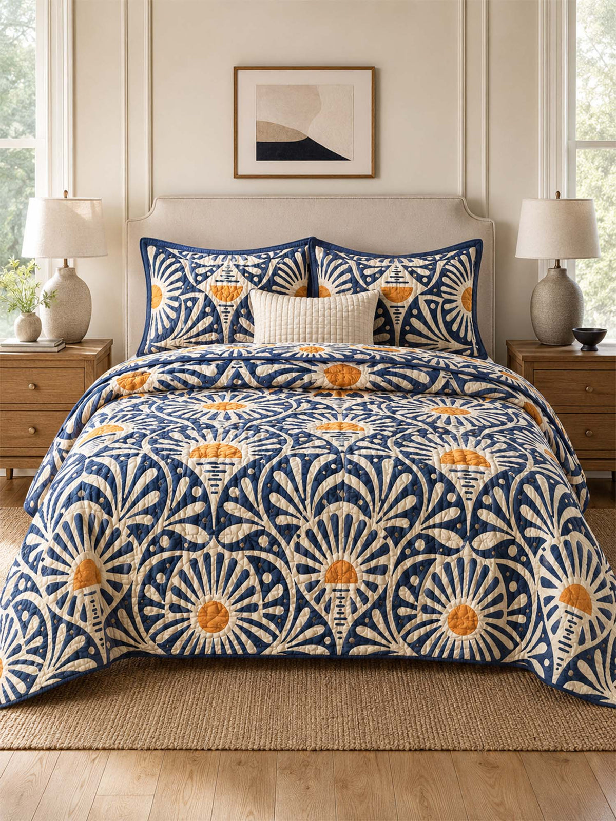 H.PAI Navy Sunburst Botanical Quilted 3-Piece Bedding Set
