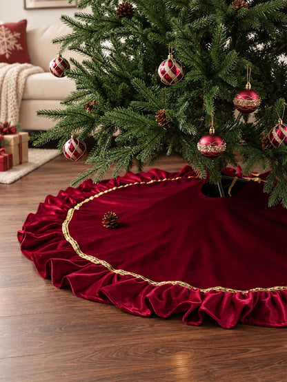 Burgundy Velvet Ruffled Christmas Tree Skirt with Gold Trim