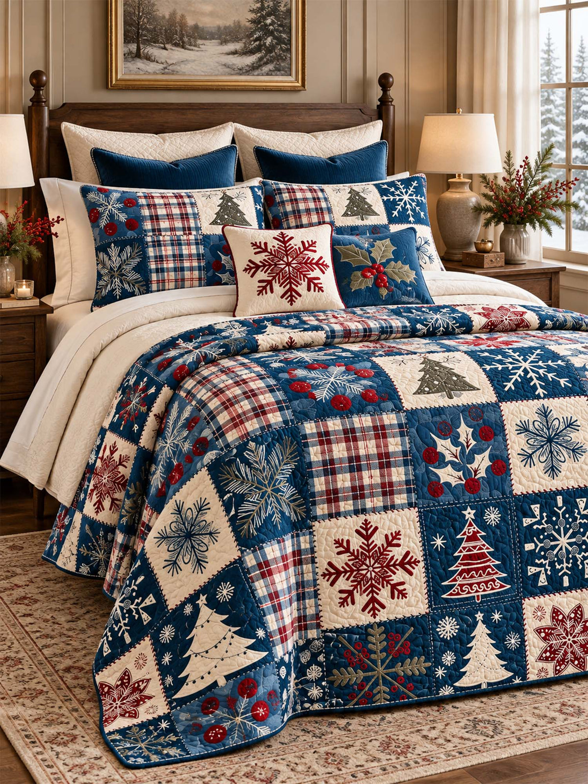 Navy Snowflake Pine Tree Plaid Patchwork Quilted 3-Piece Bedding Set