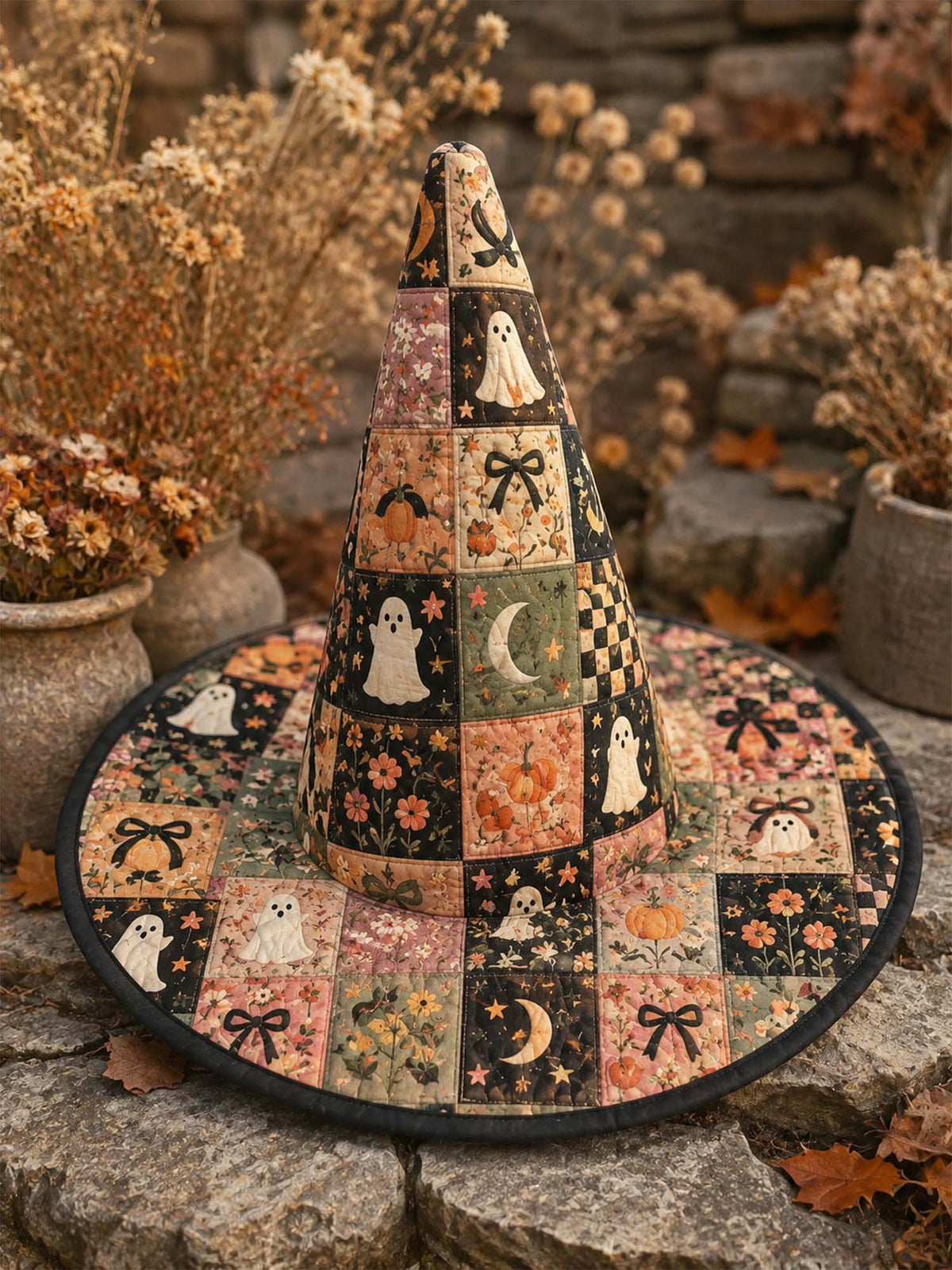 H.PAI Vintage Patchwork Ghost Garden Handcrafted Quilted Witch Hat
