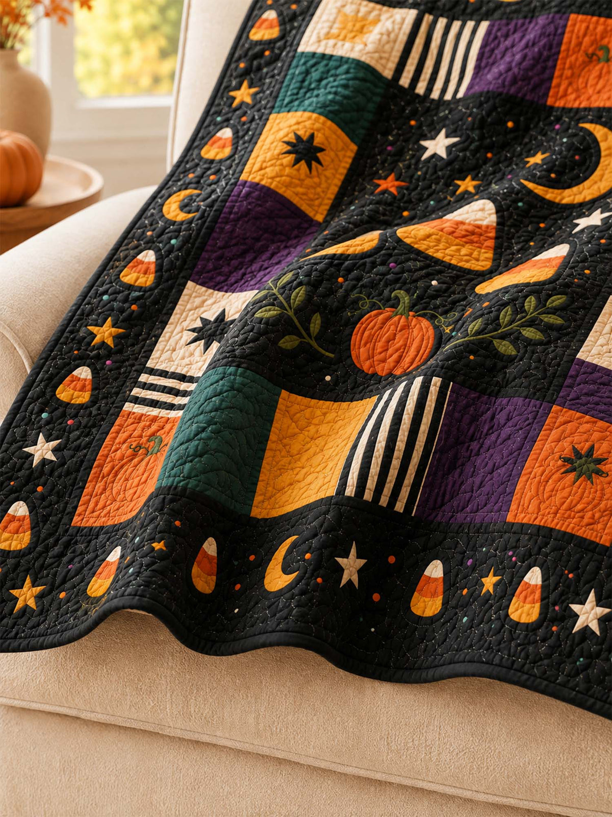 Candy Corn Pumpkin Patchwork Quilted Blanket