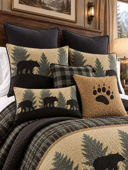 Black Bear Forest Plaid Quilted 3-Piece Bedding Set