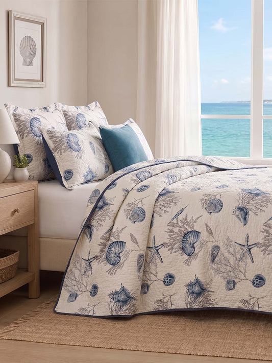 Coastal Sea Shell Coral Print Quilted 3‑Piece Bedding Set