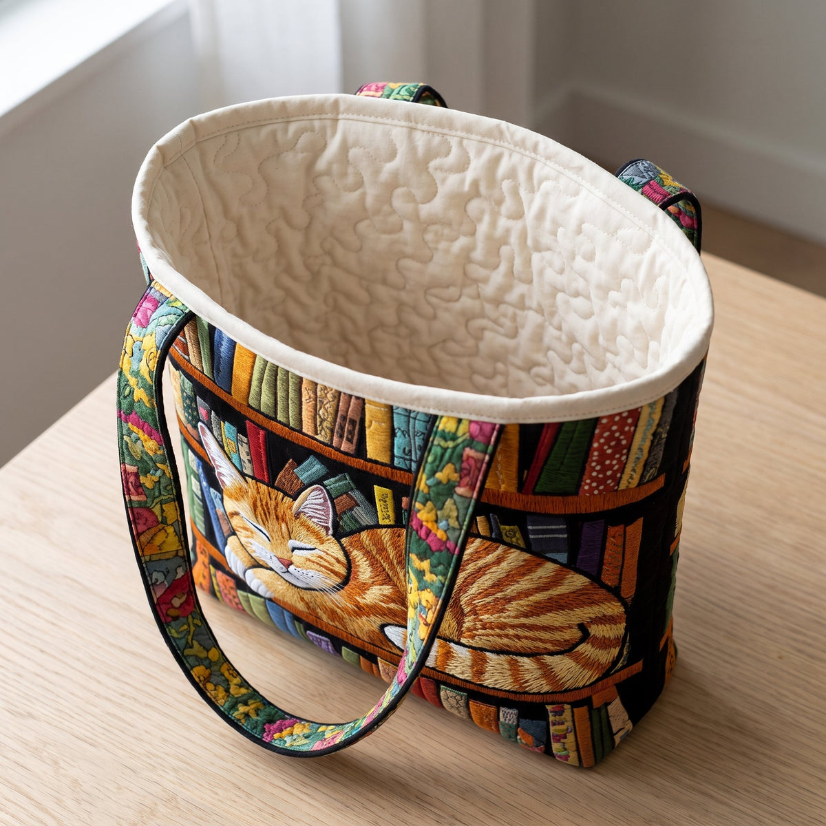 Cat Loves Books Quilted Tote Bag