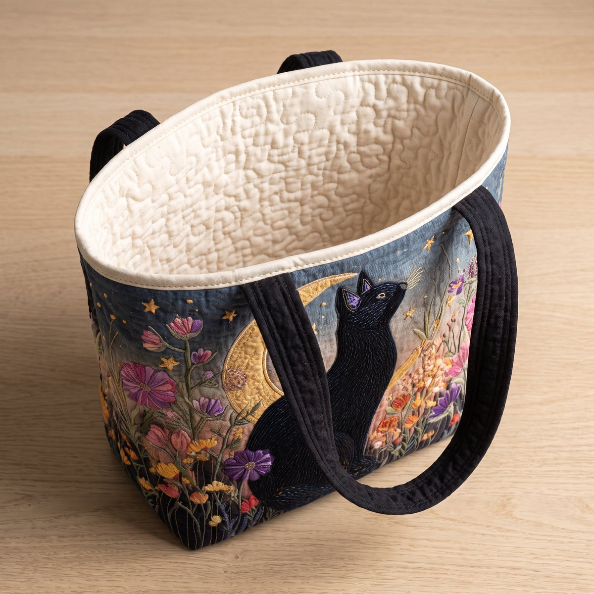Blossom Night Cat Quilted Tote Bag